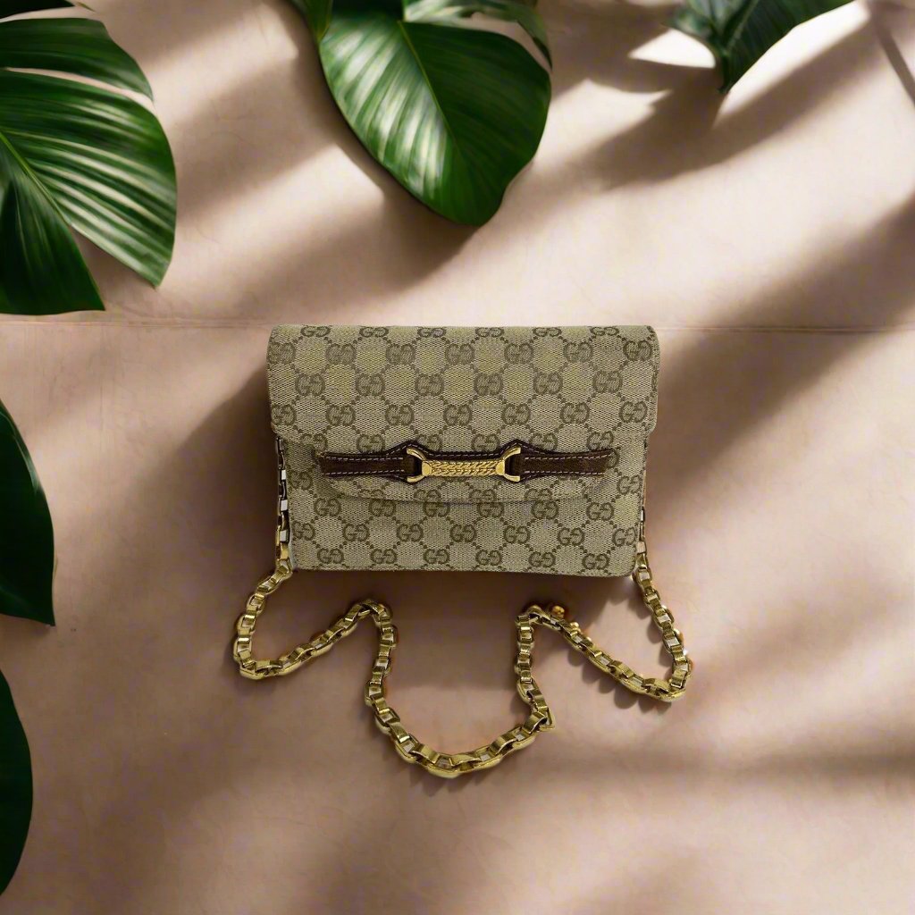 Authentic Gucci ~ Canvas GG Logo Beige Chain Clutch Bag ~ DAMAGED / READ