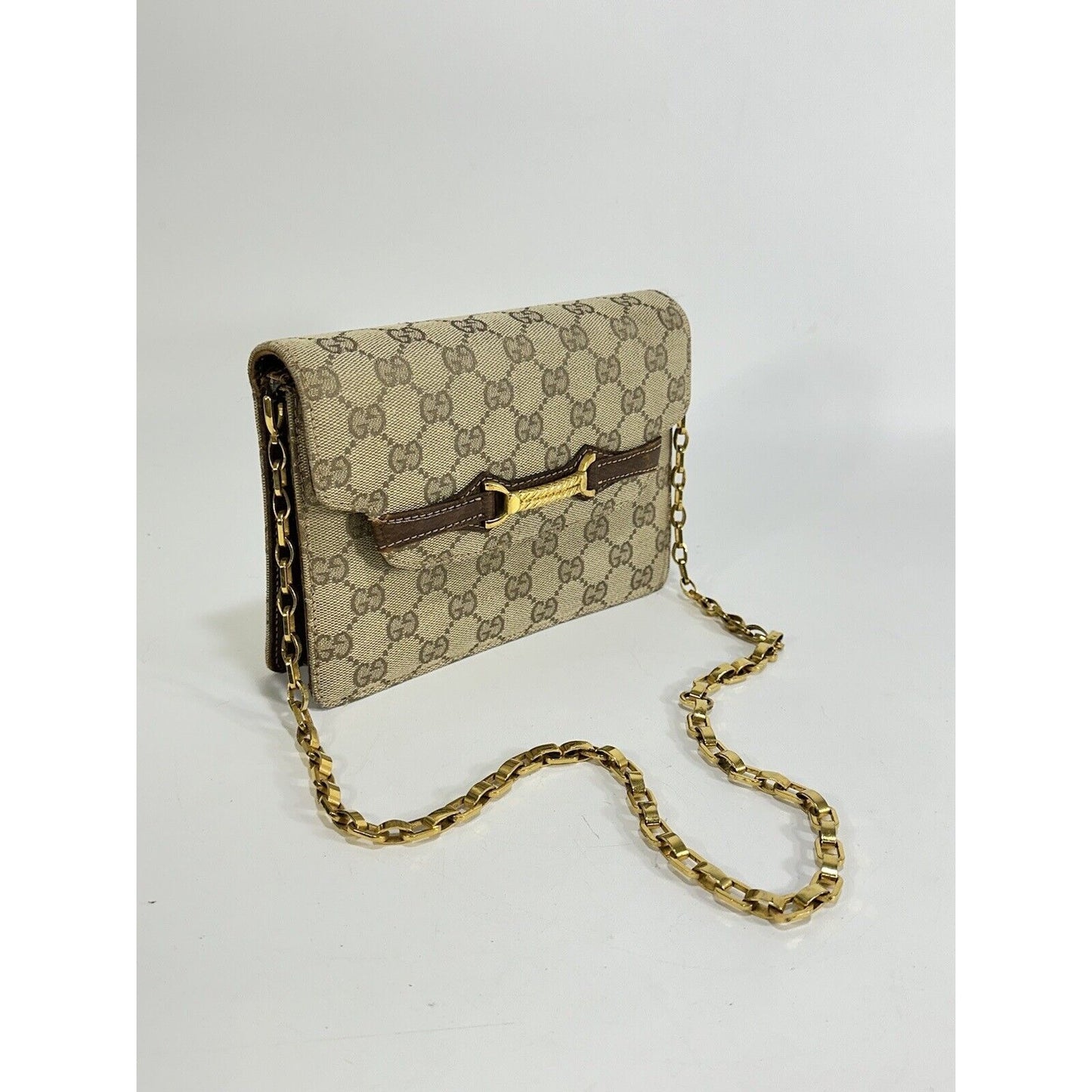 Authentic Gucci ~ Canvas GG Logo Beige Chain Clutch Bag ~ DAMAGED / READ
