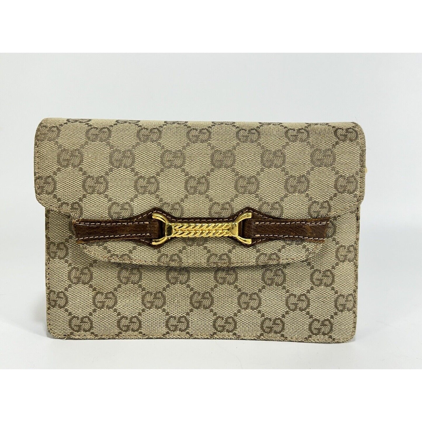 Authentic Gucci ~ Canvas GG Logo Beige Chain Clutch Bag ~ DAMAGED / READ