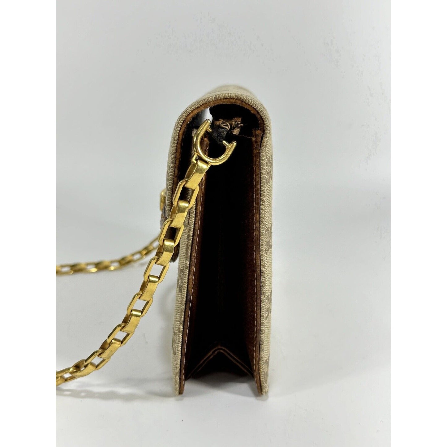 Authentic Gucci ~ Canvas GG Logo Beige Chain Clutch Bag ~ DAMAGED / READ