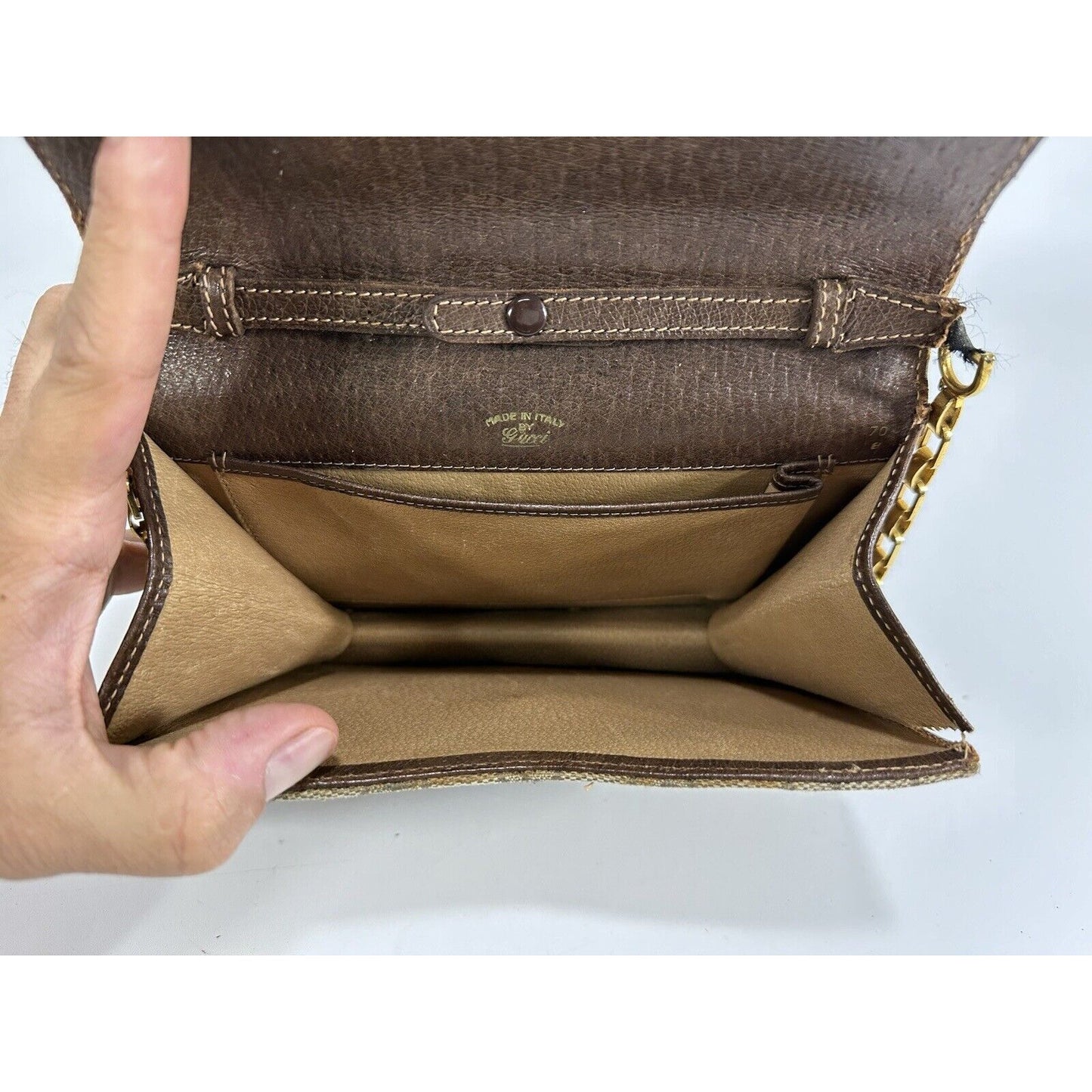 Authentic Gucci ~ Canvas GG Logo Beige Chain Clutch Bag ~ DAMAGED / READ