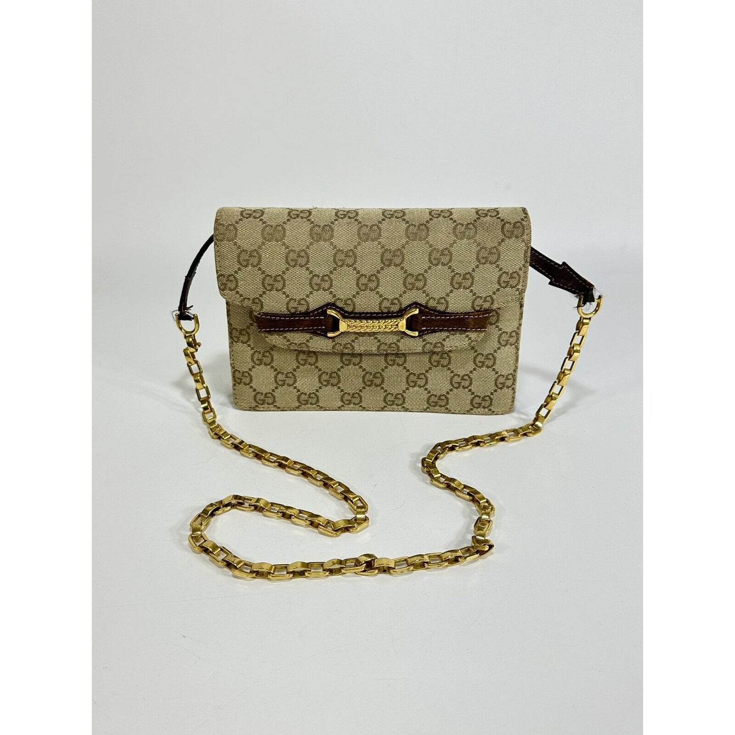Authentic Gucci ~ Canvas GG Logo Beige Chain Clutch Bag ~ DAMAGED / READ