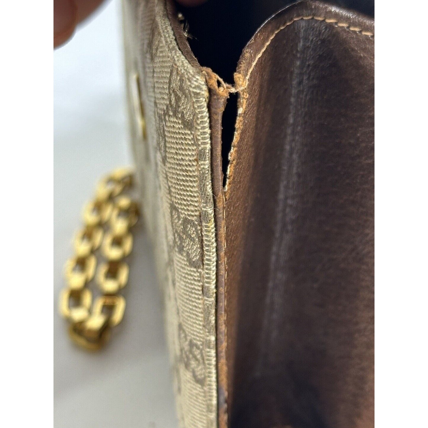 Authentic Gucci ~ Canvas GG Logo Beige Chain Clutch Bag ~ DAMAGED / READ