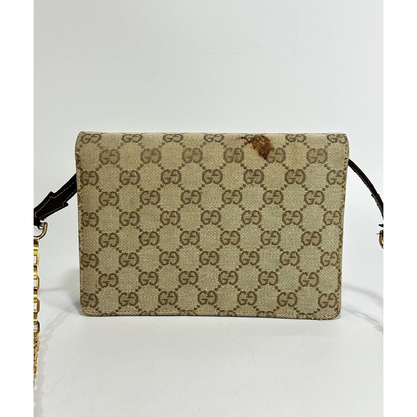 Authentic Gucci ~ Canvas GG Logo Beige Chain Clutch Bag ~ DAMAGED / READ