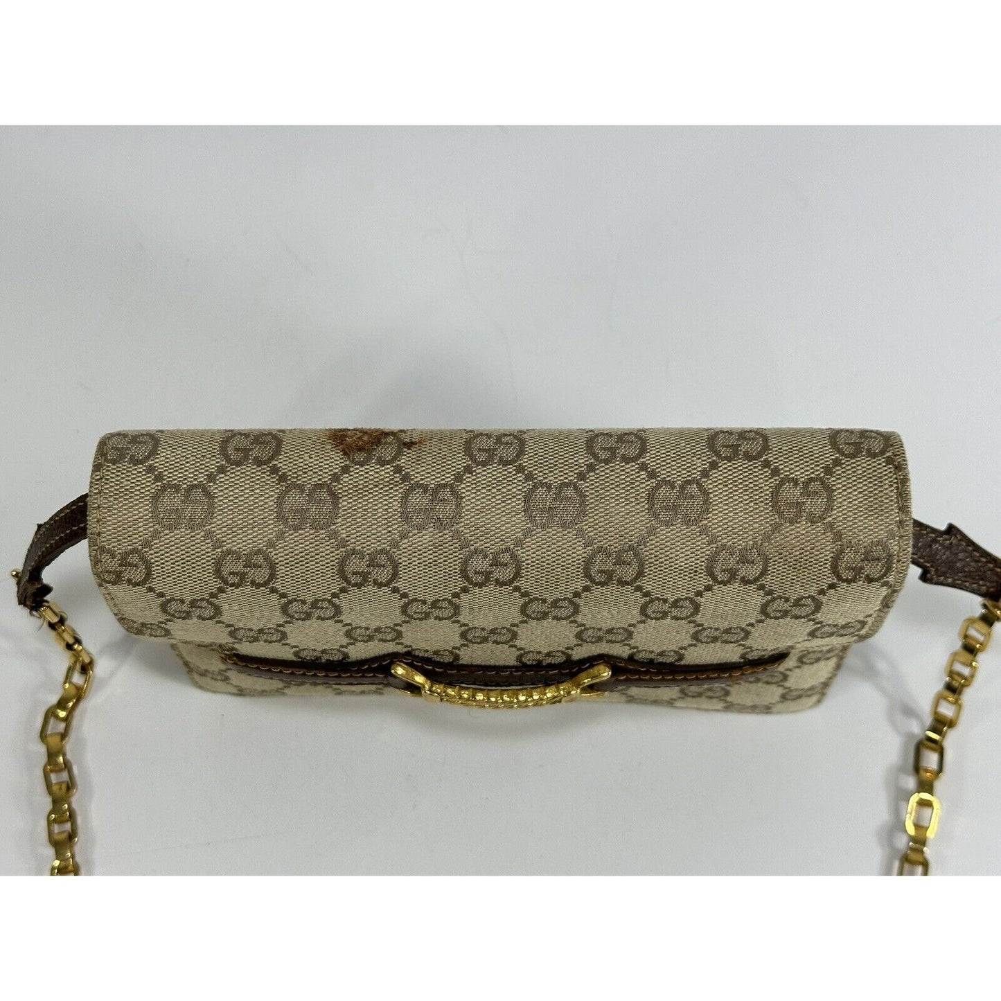 Authentic Gucci ~ Canvas GG Logo Beige Chain Clutch Bag ~ DAMAGED / READ