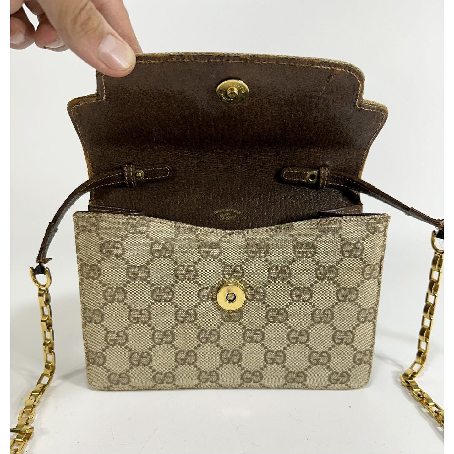 Authentic Gucci ~ Canvas GG Logo Beige Chain Clutch Bag ~ DAMAGED / READ