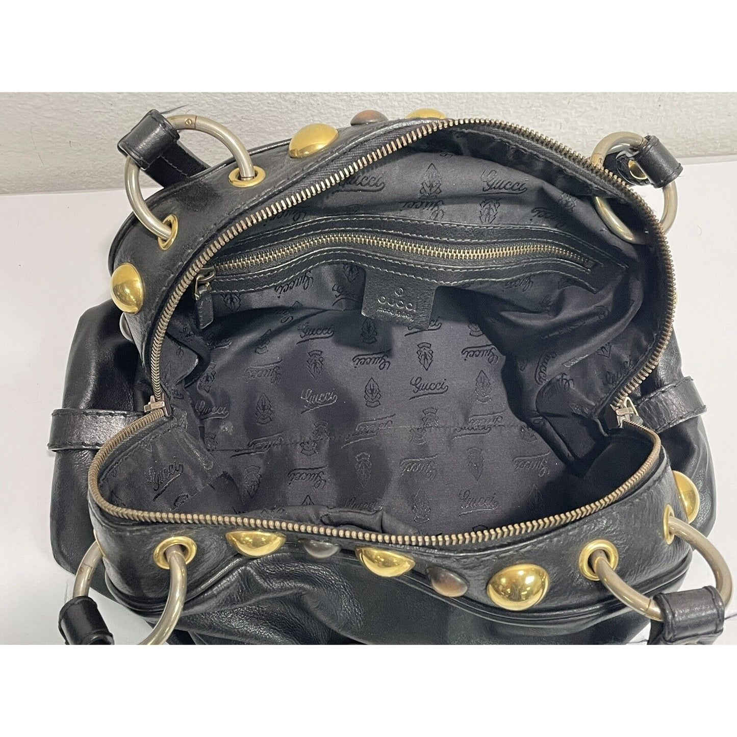Gucci Babouska ~ Black Leather Dome Satchel Studs Tote Handbag ~ Made in Italy
