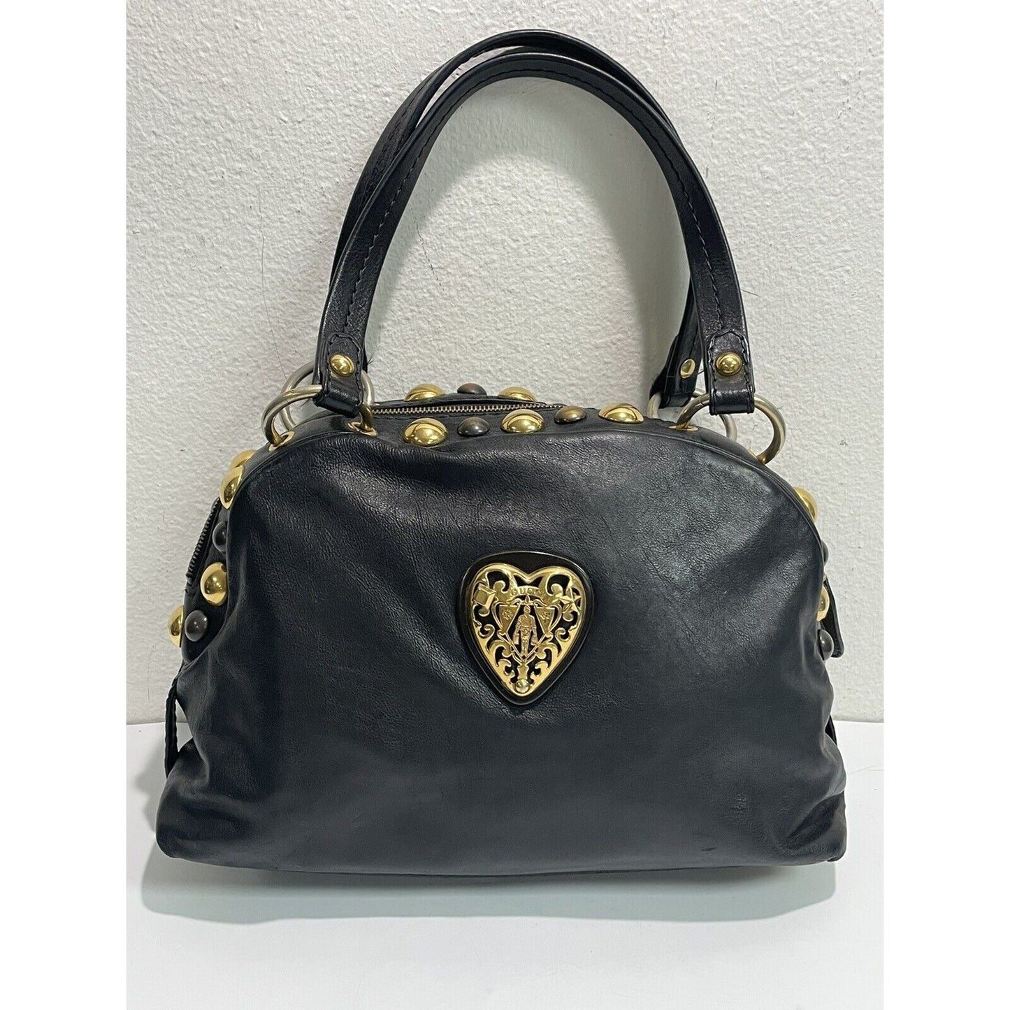 Gucci Babouska ~ Black Leather Dome Satchel Studs Tote Handbag ~ Made in Italy