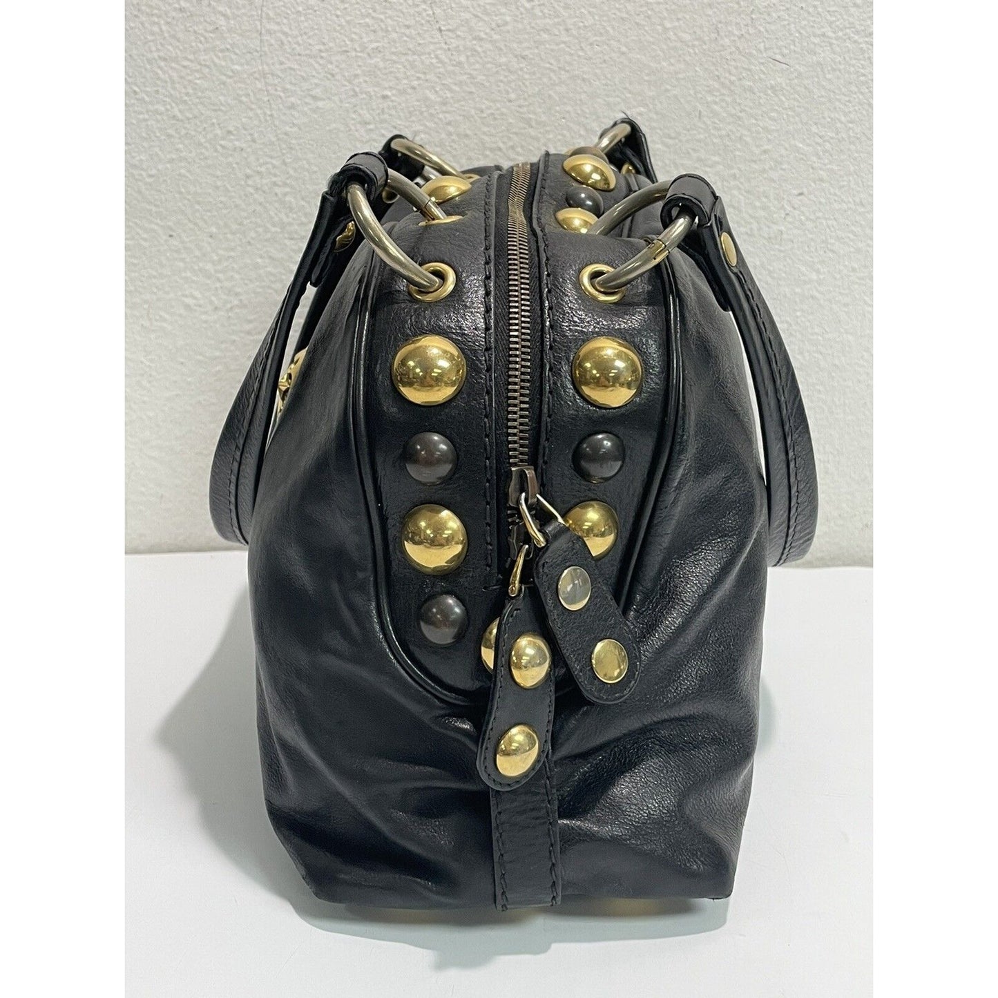 Gucci Babouska ~ Black Leather Dome Satchel Studs Tote Handbag ~ Made in Italy