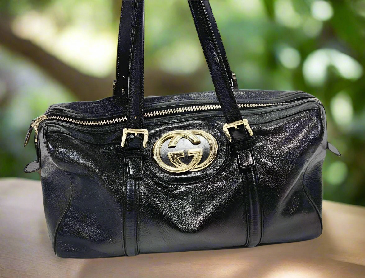Gucci Britt ~ Black Leather Satchel Bag ~ Double G ~ 170010 ~ 15" x 9" x 6"
