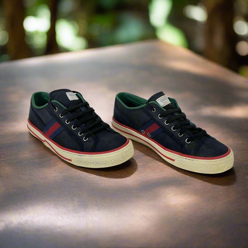 Gucci Tennis 1977 ~ Men's Black Old Tennis Tweed Low-Top Sneaker ~ Size 8