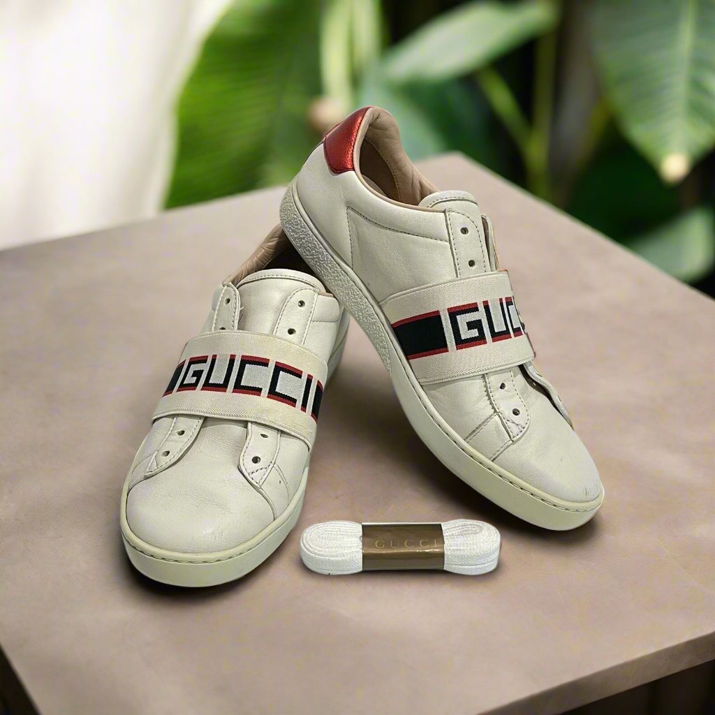 GUCCI ~ Ace Stripe Logo ~ White Red Black ~ Women's Low Sneakers ~ Size 36.5