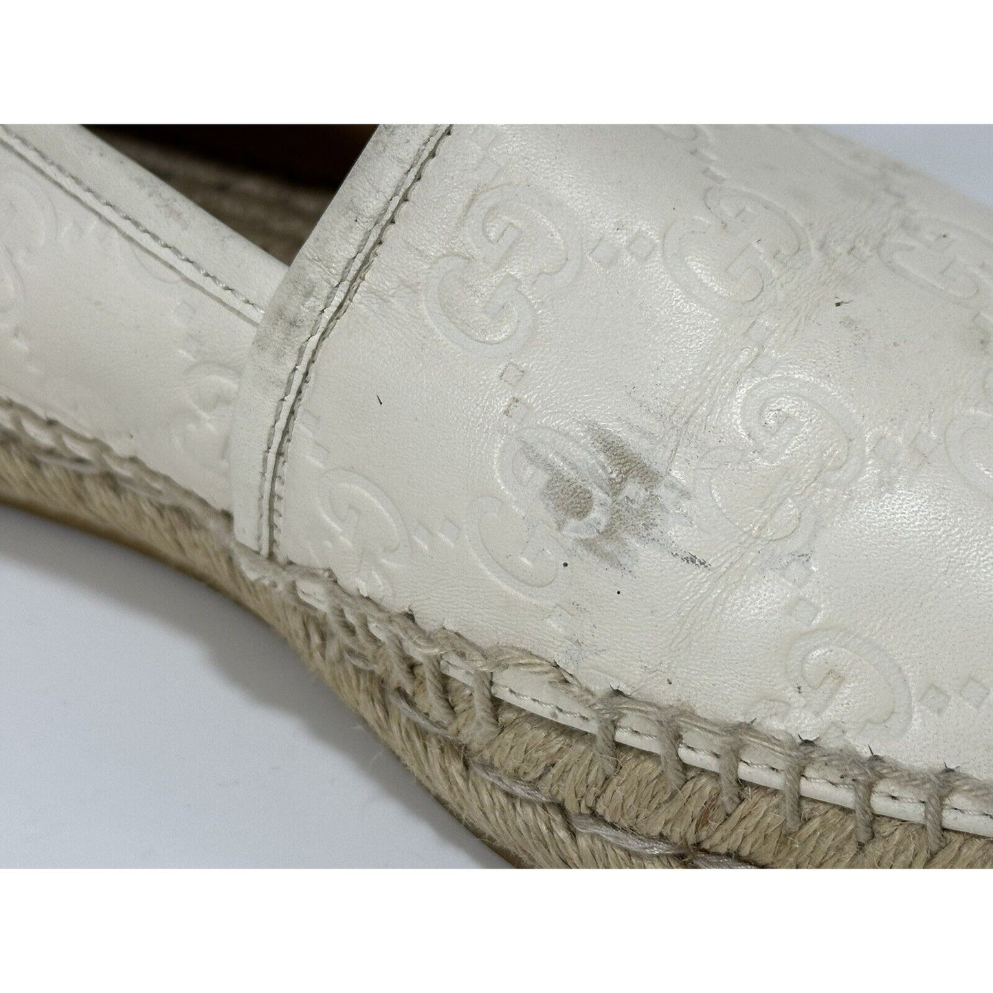 Gucci Espadrilles White Pilar Leather GG Embossed Flat Shoes ~ EU 40 / US 9