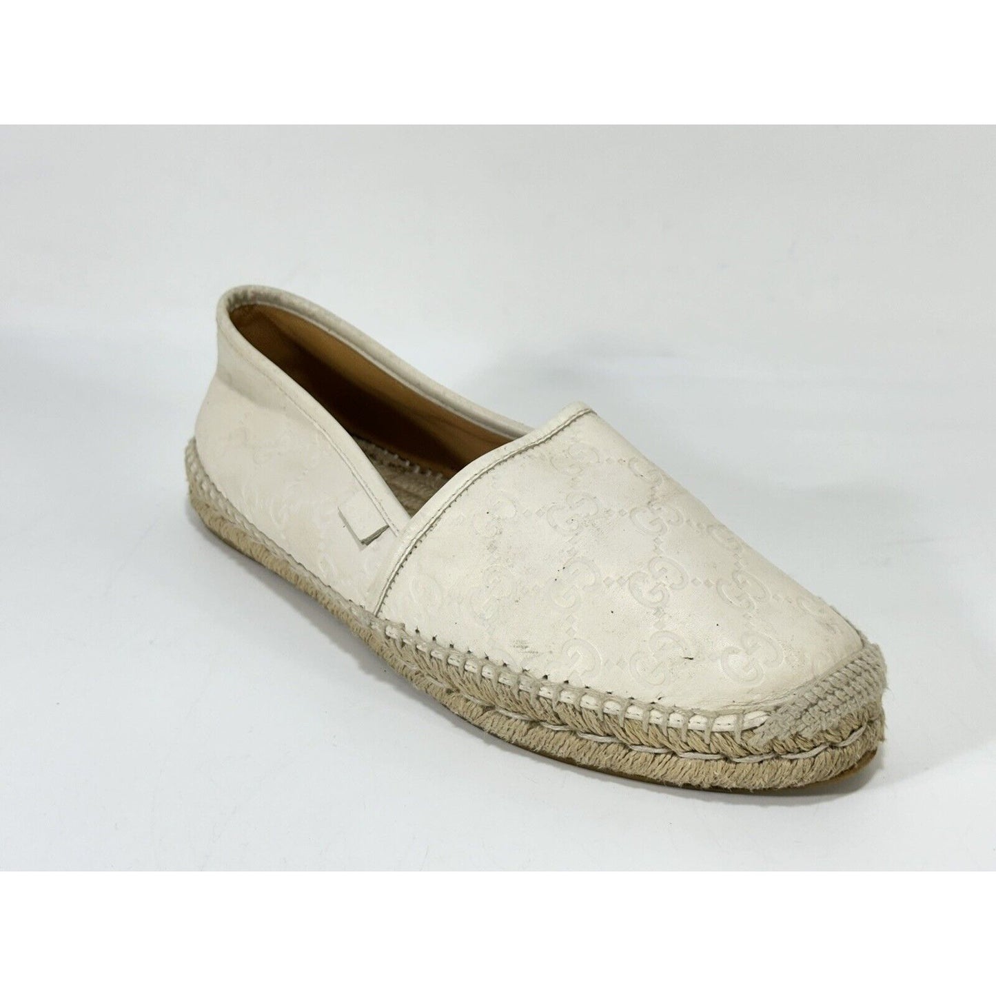 Gucci Espadrilles White Pilar Leather GG Embossed Flat Shoes ~ EU 40 / US 9