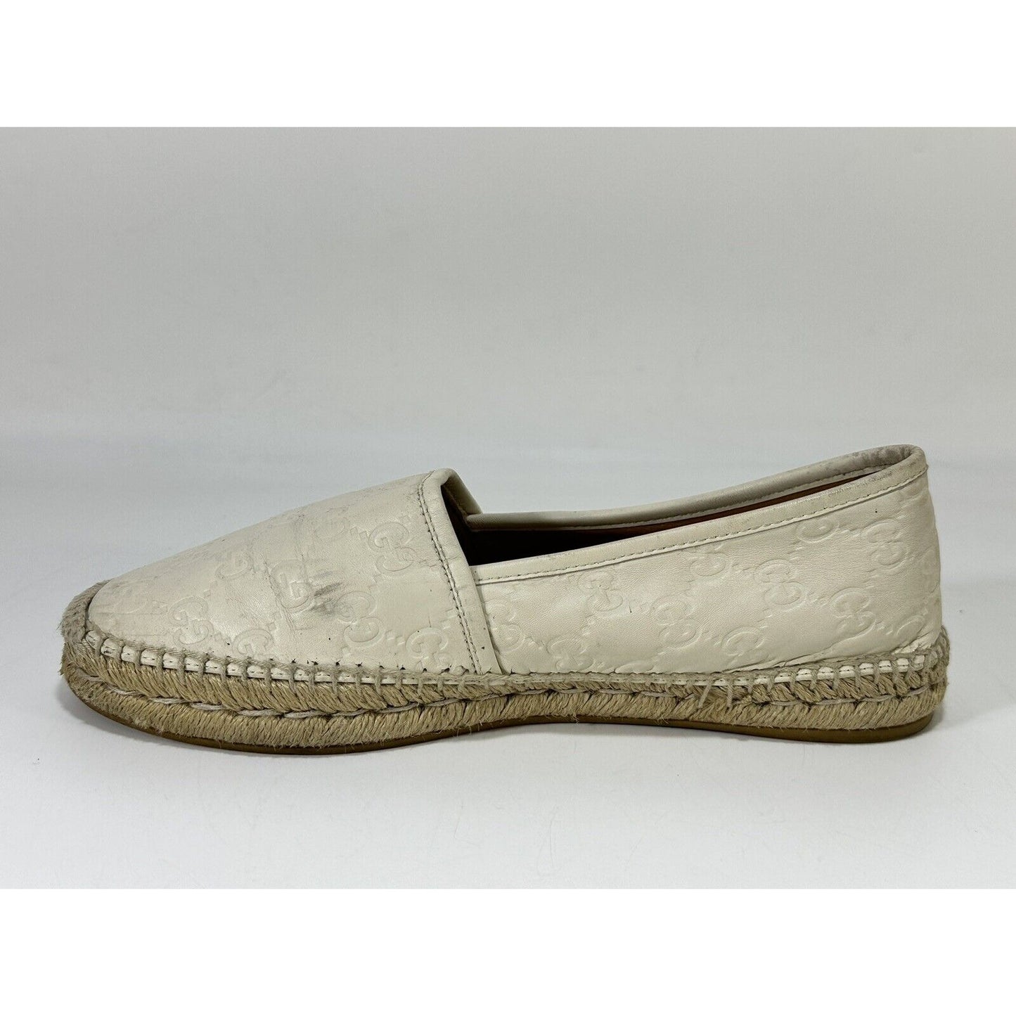 Gucci Espadrilles White Pilar Leather GG Embossed Flat Shoes ~ EU 40 / US 9