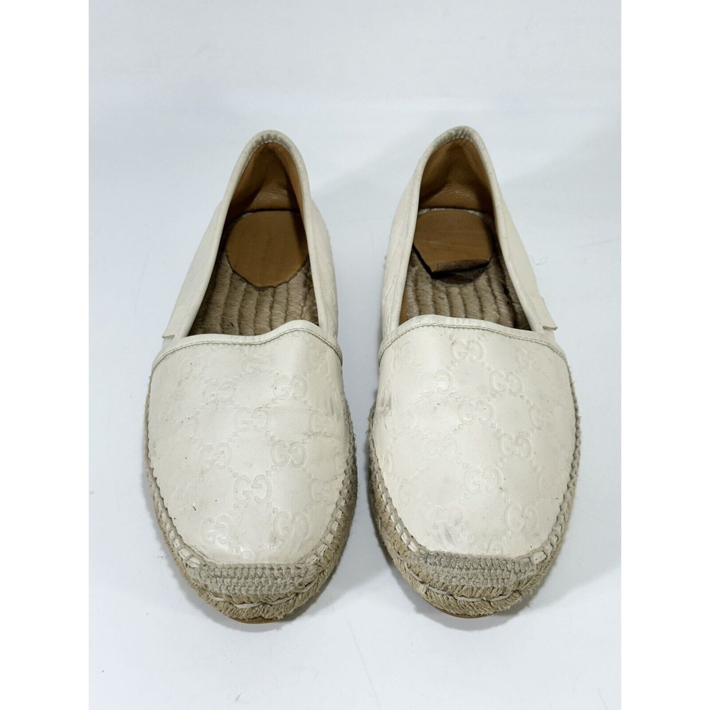 Gucci Espadrilles White Pilar Leather GG Embossed Flat Shoes ~ EU 40 / US 9